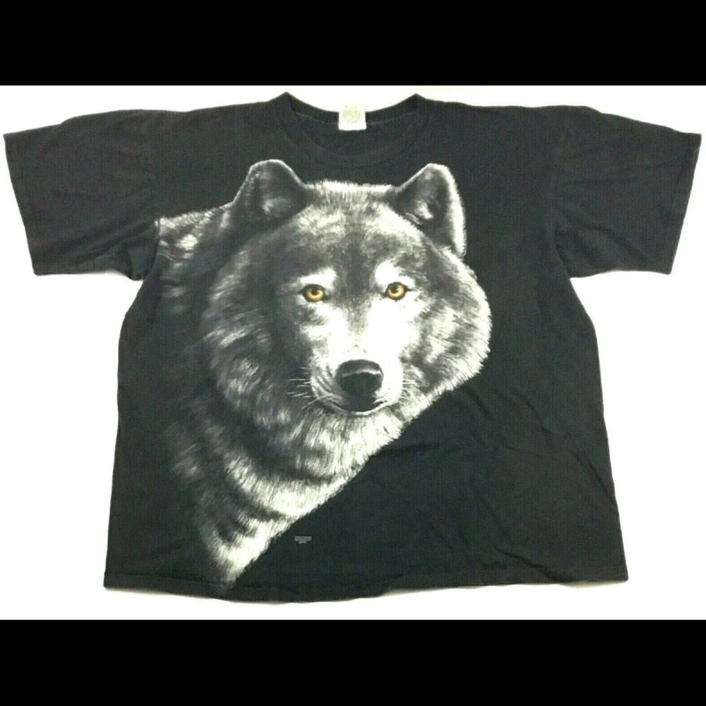 Vtg 90s Wolf Head T-Shirt All Over Front Logo 1993 Single Stitch USA Tee Size XL